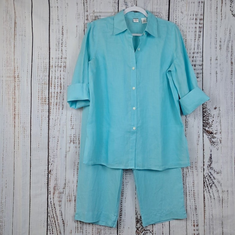 Vtg REAL CLOTHES Saks 5th Avenue Turquoise 100% Irish‎ Linen 2 Piece Pants Set